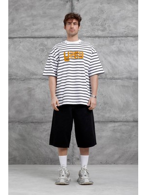 Nomarc Beyaz Y269 Baskılı ve Çizgili Oversize Tshirt