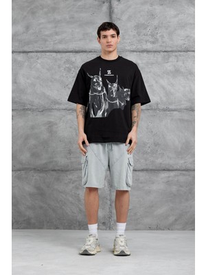 Nomarc Siyah International Yazılı Resimli Oversize Tshirt