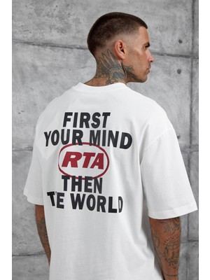 Beyaz First Your Mind Yazılı Oversize Tshirt
