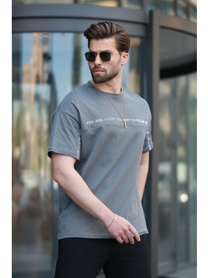 Füme Bisiklet Yaka Baskılı Basic Tişört E7156