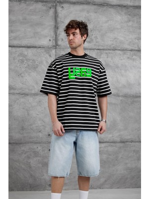 Nomarc Siyah Y269 Baskılı ve Çizgili Oversize Tshirt