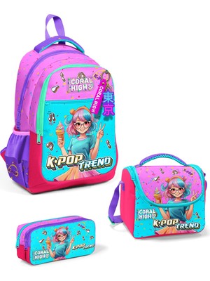 Coral High Kids Pembe Turkuaz K-Pop Desenli 3’lü Okul Çanta Seti SET0114427