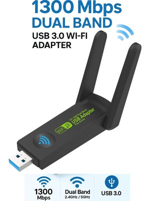 Maxgo 3125 Kablosuz Wifi Alıcı 1300 Mbps Dual Band USB 3.0 Adaptör 2 Anten ile Hızlı Bağlantı