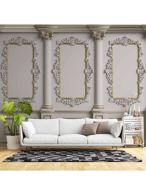 3 Boyutlu Beyaz Sütun Panel Altın Motif Duvar Kağıdı Baskı
