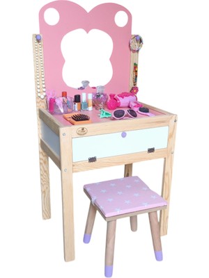 Ahşap Çocuk Güzellik Makyaj Masası Tabureli