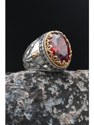 925 Ayar Gümüş Kırmızı Zirkon Taşlı Zirkon Taş Süslemeli Erkek Yüzüğü 901761
