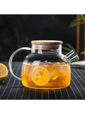1000ML Bambu Kapaklı Isıya Dayanıklı Cam Bitki Çayı Demliği Cam Sürahi