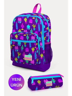 Kids Mor Pembe Kaktüs Desenli 2'Li Okul Çanta Seti Goset0223108