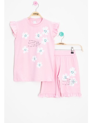 Pembe Çiçek Desenli Fırfır Detaylı Kız Çocuk Şortlu Takım 20598