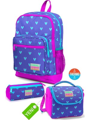 Lavanta Pembe Kalp Desenli Okul Çantası,Thermo Beslenme,Kalem Çantası 3'Lü Set Go23706set02