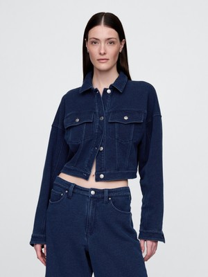 Gap Kadın Koyu Mavi Fransız Havlu Kumaş Crop Icon Denim Ceket
