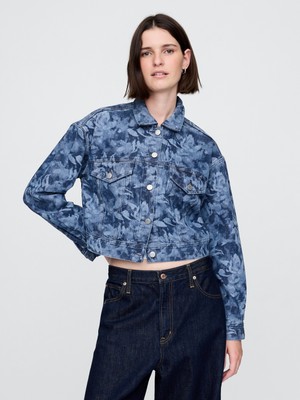 Kadın Mavi Crop Floral Denim Icon Ceket