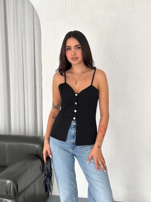 Nidam Butik Askılı Dekolte Deraylı Bluz Crop - Siyah