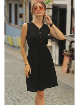 Nidam Butik Kadın V Yakalı Önden Düğme Detay Beli Lastikli Keten Kısa Elbise