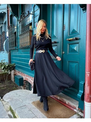 Nidam Butik Kadın Uzun Kollu Balıkçı Yaka Uzun Akrilik Elbise