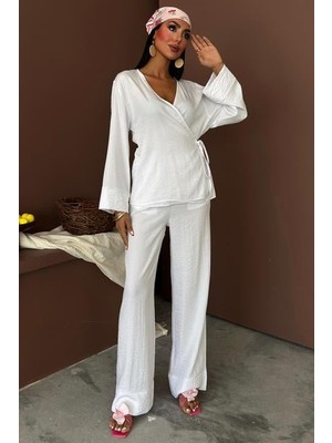 Nidam Butik Kruvaze Model Klasik Pantolonlu Çupra Keten Takım 10191