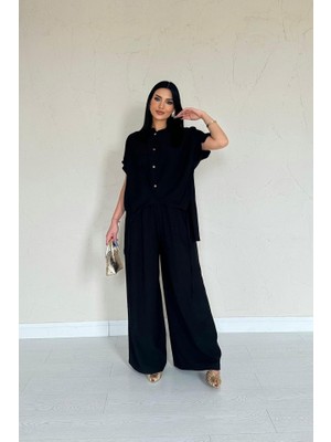 Nidam Butik Siyah Önü Pileli Ikili Keten Takım