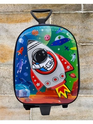 Çocuk Anaokulu Kreş Roket Galaksi Baskılı Kabartmalı Çekçekli Tekerli Seyahat Valizi Okul Çantası