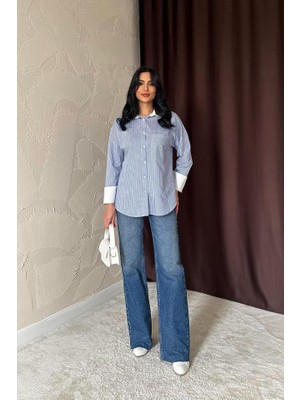 Nidam Butik Mavi Çizgili Poplin Uzun Kol Gömlek