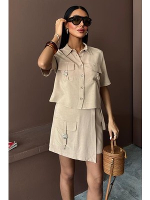 Nidam Butik Gömlek Şort Etek Viscon Keten Takım 10162
