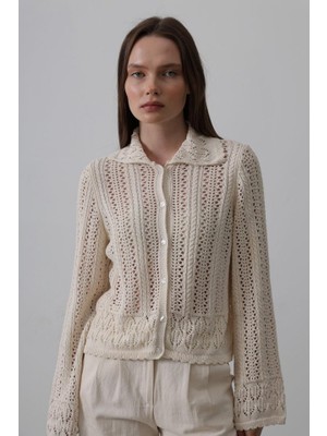 Nidam Butik Gömlek Yaka Uzun Kol Triko - Ekru