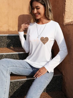 Nidam Butik Kadın Uzun Kollu Bisiklet Yaka Kalp Desenli Bluz