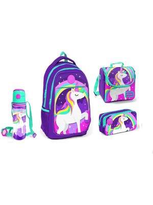 Lacivert Unicorn Desenli Beslenme Okul Çantası Kalemlik Matara