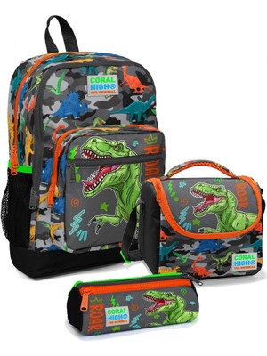 Ilkokul Çantası Seti Gri Yeşil Dinazor - Erkek Çocuk