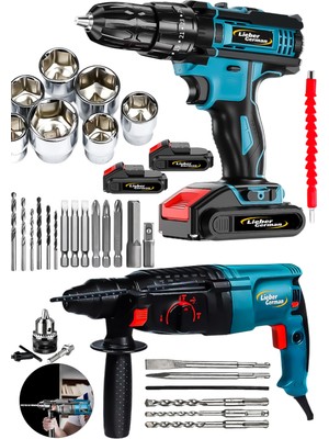 Lieber German Süper 2li 1500 Watt 2.28 Kırıcı Delici Matkap & 2x Akülü Şarjlı Vidalama Matkap 30 Pcs Set