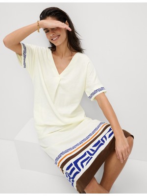 Marks & Spencer Keten Karışımlı Desenli V Yaka Elbise