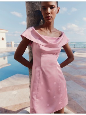 Marks & Spencer Saten Puantiyeli Bardot Mini Elbise