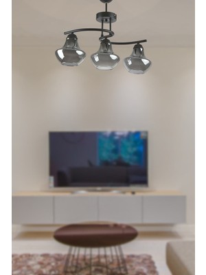 Fuji Özel Tasarım Salon - Mutfak - Yatak Odası Siyah Renk Füme Camlı 3 Lü Avize