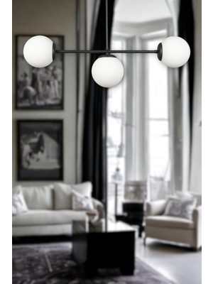 Neron Özel Tasarım Siyah Renk Globe Beyaz Camlı Salon - Mutfak - Yatak Odası 3'lü Avize