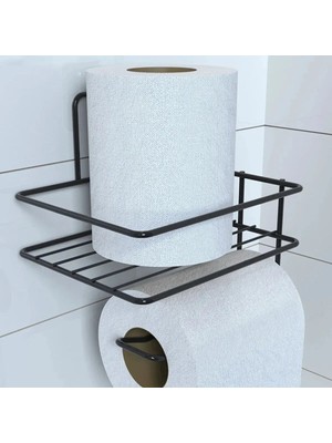 Biomak® Kendiliğinden Yapışkanlı Tuvalet Kağıdı Tutacağı ve Yedek Raf - Siyah Modern Metal Tasarım