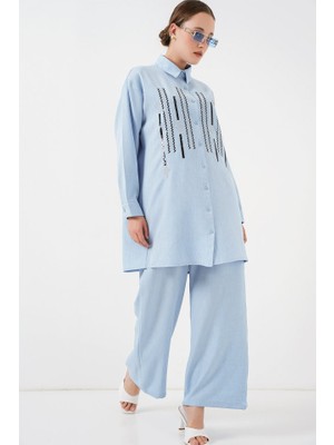 La Mode Istanbul Desenli Tunik Pantolon Ikili Takım 6720 - Mavi