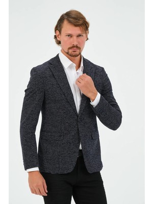 Erkek Slim Fit Blazer Ceket Lacivert Desenli