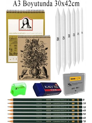 Artlantis A3 Kraft Eskiz Defteri Spiralli 50 Yaprak Karakalem Çizim Seti Gölgelendirme Kalemi Hamur Silgi Fatih Dereceli Kalem Hob