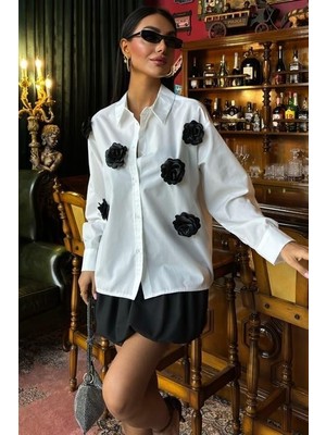 Passense Gül Aksesuarlı Poplin Gömlek 3442