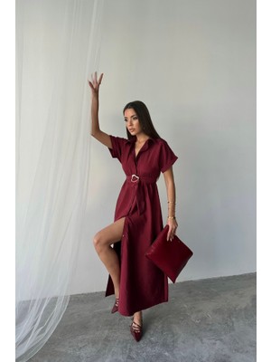 La Mode Istanbul Önden Düğmeli Crushlı Modal Elbise - Bordo