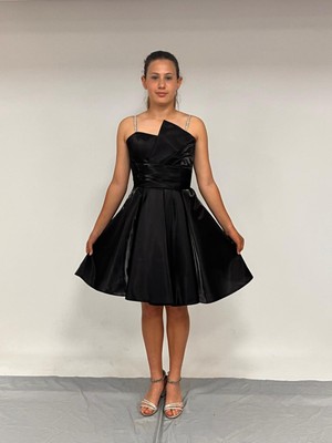 Kız Çocuk Abiye Askılı Kısa Siyah  Asimetrik Yaka  Kordon Taş Askılı  Kanilla Abiye ELBISE10-15 Yaş