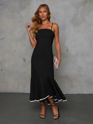 Aisha Elbise Kadın Ip Askılı Straplez Kesim Detay Maksi Boy Janjan Krep Elbise