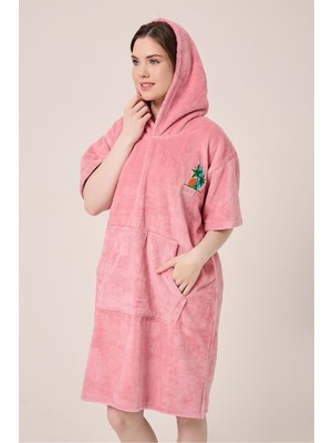 Vevien Home Palmiye Sörf Nakışlı Yetişkin Sörf Yazlık Panço Kapüşonlu Plaj Havlusu Gül