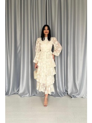 Alinn Butikk Bej Valonlu Şeritli Kat Kat Elbise