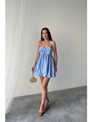 Mira Cotton Mavi Önü Fiyonklu Askılı Elbise