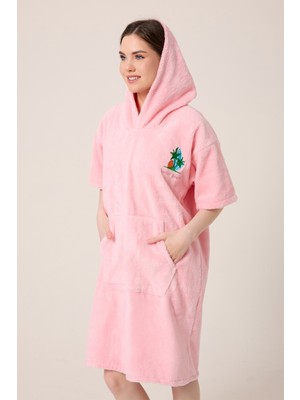 Vevien Home Palmiye Sörf Nakışlı Yetişkin Sörf Yazlık Panço Kapüşonlu Plaj Havlusu Pudra