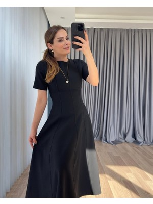 Sosostyle Kadın Kısa Kollu Bisiklet Yaka Maksi Boy Ithal Krep Elbise