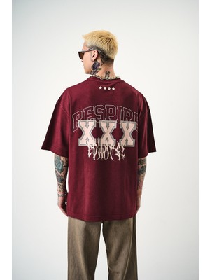 Erkek Respire Baskılı Yıkamalı Oversize T-Shirt Bordo