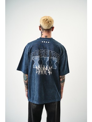 Erkek Respire Baskılı Yıkamalı Oversize T-Shirt Indigo