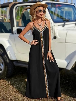 Kadın Askılı V Yakalı Etnik Şerit Detaylı Uzun Viskon Elbise