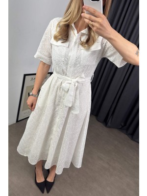 Beyaz Kısa Kollu Astarlı Kuşaklı Cepli Fisto Gömlek Elbise